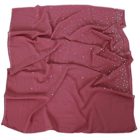 Women Chiffon Scarf Hijab With Artificial Pearls And Rhinestones Elegant Solid Color Long Wrap Muslim Fashion Accessories