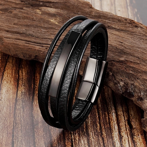Men Multi-layer Braided Leather Bracelet With Titanium Steel Magnetic Clasp Casual Vintage Titanium Steel Wristband Fashion Jewelry Gift