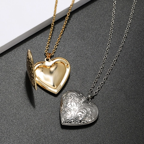 Vintage Alloy Heart Locket Necklace Engraved Flower Photo Frame Pendant Gold Silver Necklace For Women Fashion DIY Jewelry