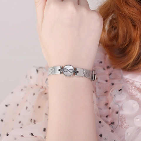 Pulsera De Malla Con Símbolo De Infinito Acero Inoxidable Con Incrustaciones De Nácar Estilo Correa De Reloj Ajustable