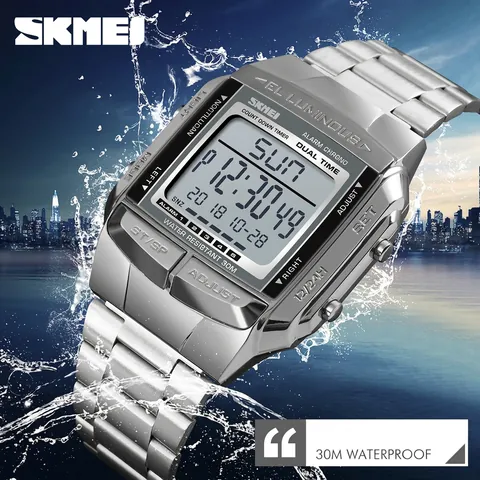 Men Digital Watch Stainless Steel Strap 30M Waterproof Alarm Dual Time Luminous Business Sport Fashion Wristwatch