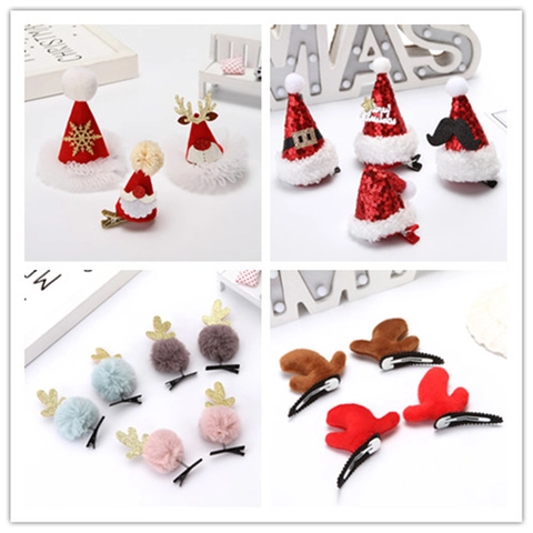 Christmas Hair Clips Reindeer Antler Mini Santa Hat Sequin Plush For Holiday Party Decoration Gifts Festive Headwear