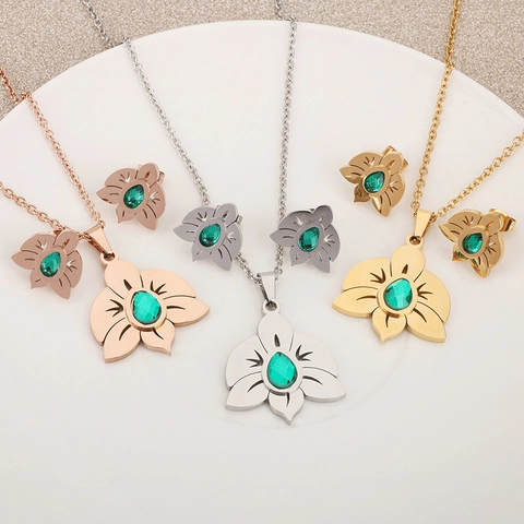 Collana E Orecchini Fiore Di Orchidea Acciaio Inossidabile Con Zircone Verde Elegante Design Floreale Gioielli Da Donna