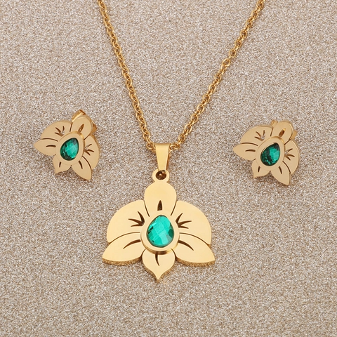 Elegante Collana E Orecchini Orchidea Floreale Acciaio Inossidabile Con Zircone Verde Goccia D'acqua Per Moda Donna