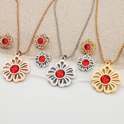Collana E Orecchini A Fiore Cavo Acciaio Inossidabile Zircone Rosso Petalo Floreale Gioielli Eleganti Per Le Donne
