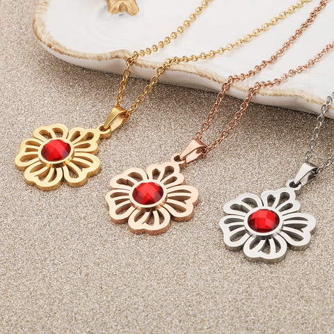 Collana E Orecchini A Fiore Cavo Acciaio Inossidabile Zircone Rosso Petalo Floreale Gioielli Eleganti Per Le Donne