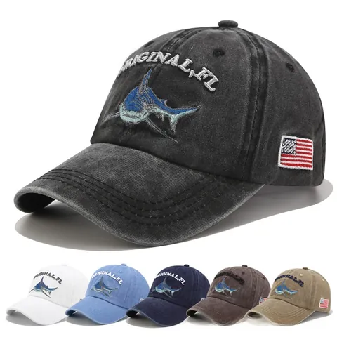 Casquette De Baseball En Coton Délavé Broderie Requin Pour Hommes Femmes Vintage Réglable Chapeau De Soleil Décontracté Sport