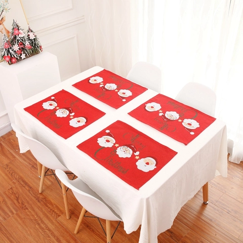 Weihnachts Platzsets Polyester Baumwolle Stickerei Weihnachtsmann Rentier Muster Festliche Esstisch Dekoration Waschbar