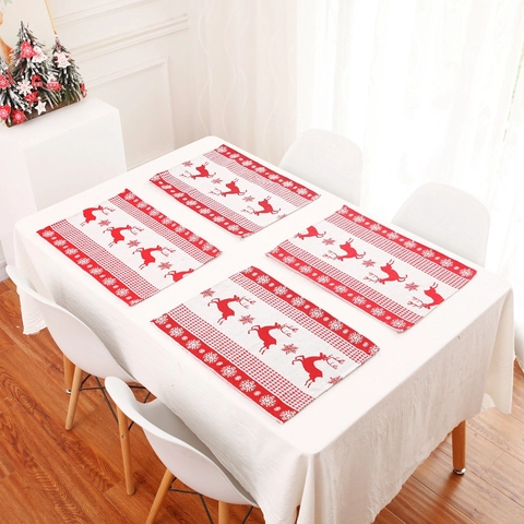 Weihnachts Platzsets Polyester Baumwolle Stickerei Weihnachtsmann Rentier Muster Festliche Esstisch Dekoration Waschbar