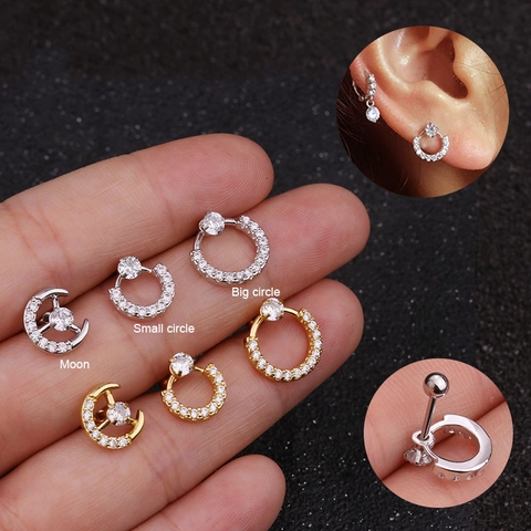 Fashion Ear Cartilage Studs Copper Cubic Zirconia Stainless Steel Screw Ball Backing Moon Round Piercing Jewelry Women