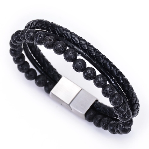 Bracciale Multistrato Uomo Pietra Lavica Occhio Di Tigre Cuoio Intrecciato Acciaio Inox Chiusura Magnetica Rétro