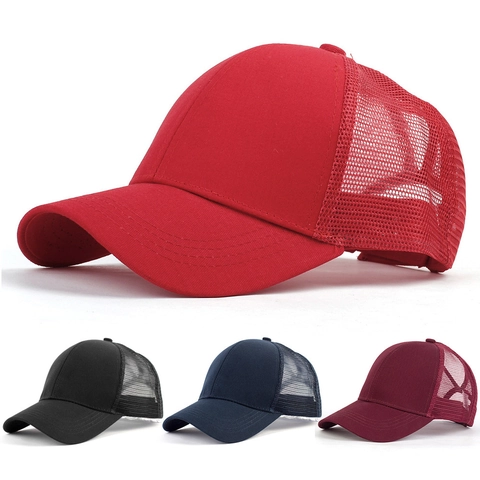 Casquette de Baseball en Maille pour Femme avec Trou Queue de Cheval Coton Respirant Trucker Hat Couleur Unie Camouflage Ajustable