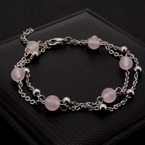 Bracciale A Doppio Strato Acciaio Al Titanio Perle Di Cristallo Fragola Rosa Stile Foresta Chic Gioielli Per Donne Ragazze