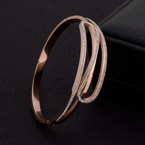 Rose Gold Plated Stainless Steel Bangle Bracelet For Women With Zircon Rhinestone Hollow Geometric Double Layer Design