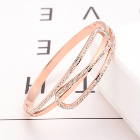 Rose Gold Plated Stainless Steel Bangle Bracelet For Women With Zircon Rhinestone Hollow Geometric Double Layer Design