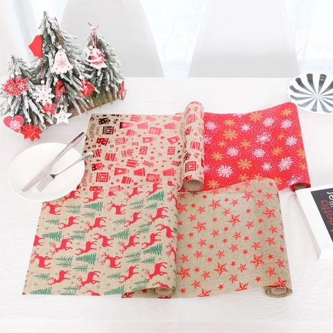 Christmas Table Runner Polyester Linen Texture Reindeer Snowflake Star Print Holiday Dining Room Kitchen Party Decor