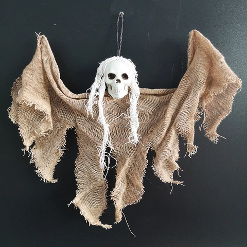 Halloween Hanging Skull Ghost Decoration Plastic Fabric Tattered Gauze Prop Haunted House Party Indoor Outdoor Accessory