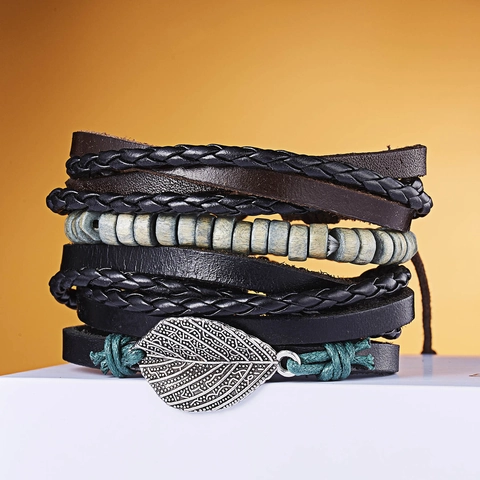 Retro Men Multi-layer Woven Leather Bracelet PU Cord Alloy Leaf Owl Pendant Wood Beads Adjustable Ethnic Punk Jewelry Unisex