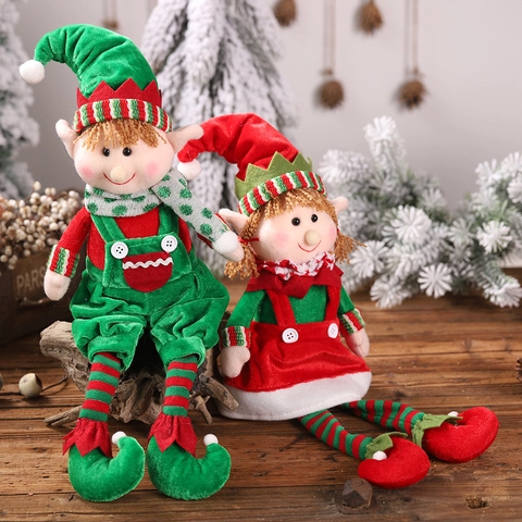 Poupée Lutin De Noël Ornement Assis Longues Jambes Peluche Tricot Chapeau Rayé Décoration De Table Festive