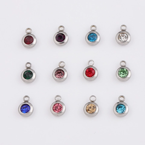 Round Birthstone Charms 304 Stainless Steel Rhinestone Pendants For DIY Jewelry Making Multi Color Lucky Stone