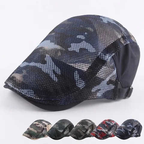 Camouflage Mesh Baret Ademend Ultradun Katoen Zonnescherm Verstelbare Retro Platte Pet Voor Heren Dames
