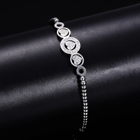 Adjustable Stainless Steel Heart Charm Bracelet Elegant Rhinestone Inlaid Bead Chain Fashion Jewelry For Women