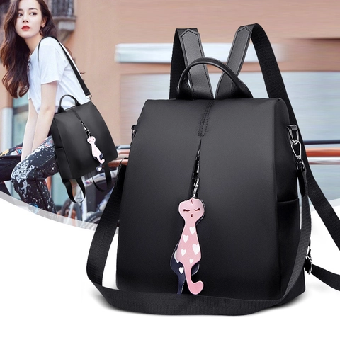 Women Backpack Waterproof Nylon Anti-Theft Fashion Casual School Travel Rucksack With Cat Pendant