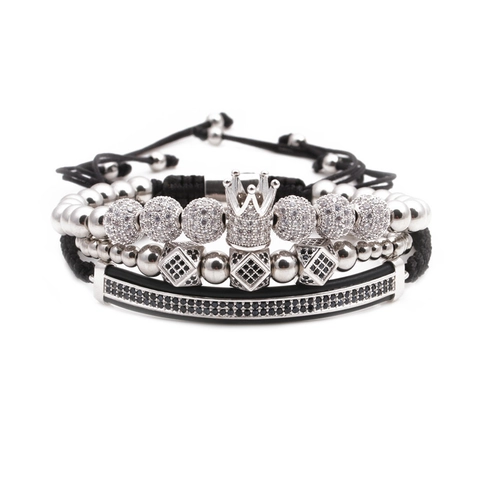 Bracelet Couronne Ajustable Perles Cuivre Micro Pavé Zircone Cube Géométrique Corde Tressée Bijoux Hip Hop Homme
