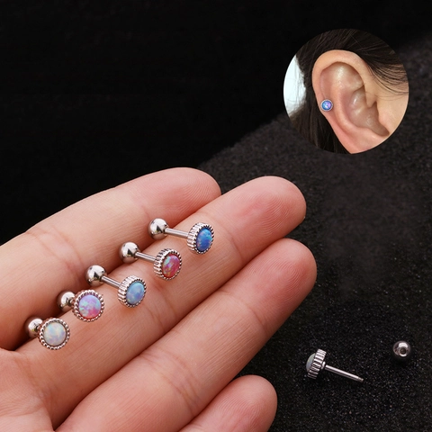 Round Synthetic Opal Stud Earrings Stainless Steel Earring Post Screw Back Cartilage Piercing Jewelry Fashion Elegant