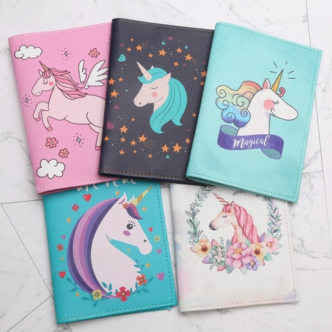 Unicorn Passport Holder PU Leather Cartoon Travel Cover Cute ID Card Case Organizer Protector Textured Printed