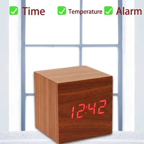 Reloj Despertador De Madera LED Cubo Digital Control De Sonido Temperatura Fecha MDF PVC Decoración De Escritorio