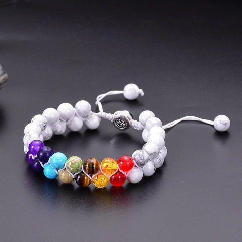 Bracciale In Natural White Turquoise Howlite Pietra Sette Chakra Doppia Fila Perline Intrecciato Regolabile Yoga Meditazione