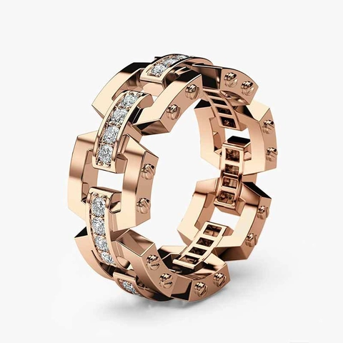 Copper Cubic Zirconia Men Ring Geometric Chain Link Industrial Style Punk Business Wedding Band Jewelry