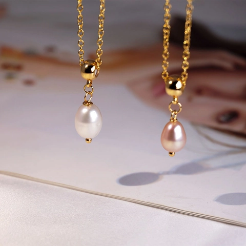 Collana Perla de Agua Dulce Acqua Dolce Goccia Catena Acciaio Titanio Rame Placcato Oro Gioielli Eleganti Per Donne Girocollo
