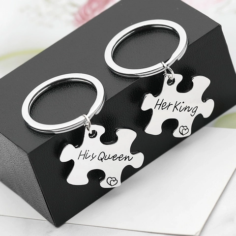 Romantische Legering Puzzel Koppel Sleutelhanger Gegraveerd His Queen Her King Hart Patroon Zilver Metalen Sleutelring Cadeau