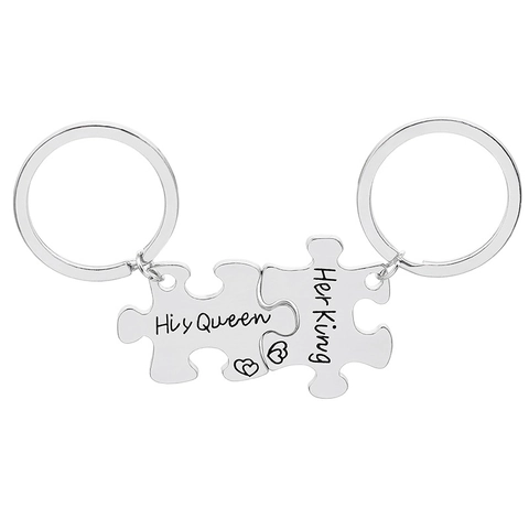 Romantische Legering Puzzel Koppel Sleutelhanger Gegraveerd His Queen Her King Hart Patroon Zilver Metalen Sleutelring Cadeau