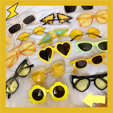 Retro Fashion Sunglasses Colorful Square Heart Shape Yellow Lens Harajuku Style UV Protection Eyewear For Women Men