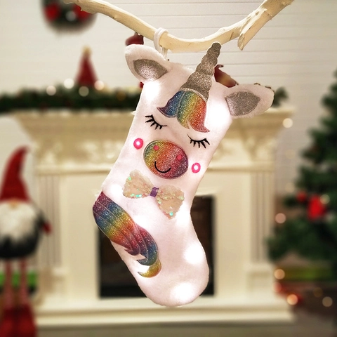 Unicorn Christmas Stocking White Plush Rainbow Sequin LED Light Up Hanging Gift Bag Holiday Fireplace Decoration