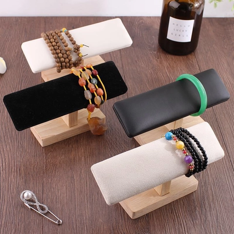 T-Bar Jewelry Display Stand With Wood Base Velvet PU Leather Bracelet Watch Holder Necklace Organizer Storage Rack