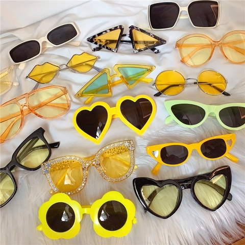 Retro Fashion Sunglasses Colorful Square Heart Shape Yellow Lens Harajuku Style UV Protection Eyewear For Women Men