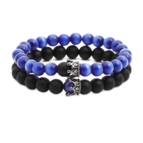 Bracelet Perles Pierre Oeil De Chat Noir Mat Avec Charme Couronne Pour Couples Bijoux Élastiques Cadeau