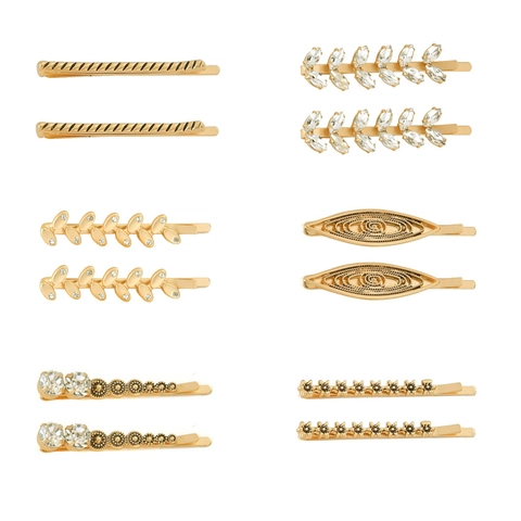 Pinzas Para El Cabello De Aleación Con Diamantes De Imitación Vintage Tono Dorado Hoja Flor Geométrica Elegante Para Mujer