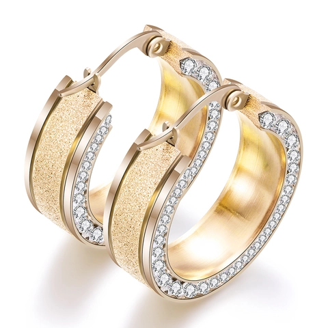 Sandblasted Wide Hoop Earrings 304 Stainless Steel With Paved Cubic Zirconia Fashion Trendy Jewelry Accessories For Women