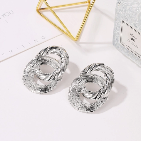 Geometric Interlocking Double Hoop Stud Earrings With Steel Earring Post Twist Texture Metal Alloy Retro Style Women