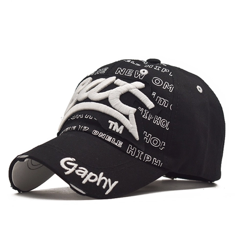 Casquette De Baseball Coton Lavé Broderie 3D Imprimé Lettres Déchiré Ajustable Hip Hop Streetwear Chapeau