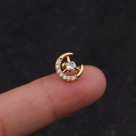 Fashion Ear Cartilage Studs Copper Cubic Zirconia Stainless Steel Screw Ball Backing Moon Round Piercing Jewelry Women