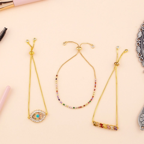 Bracelet Bolo Ajustable Cuivre Plaqué Or Zircon Coloré Mauvais Œil Arc En Ciel Bijoux De Mode Bohème Pour Femmes