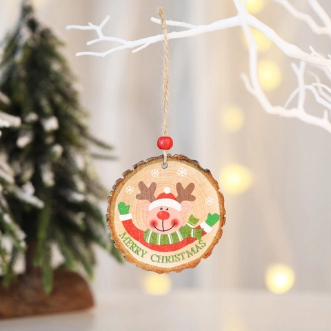 Christmas Hanging Ornaments Round Wood Slice Natural Bark Edge Painted Santa Snowman Reindeer Holiday Tree Decoration