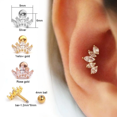 Kroon Oorkraakbeen Studs Koper Zirkoon Ingelegd Roestvrij Staal Schroefsluiting Piercing Sieraden Mode Accessoire Voor Dames