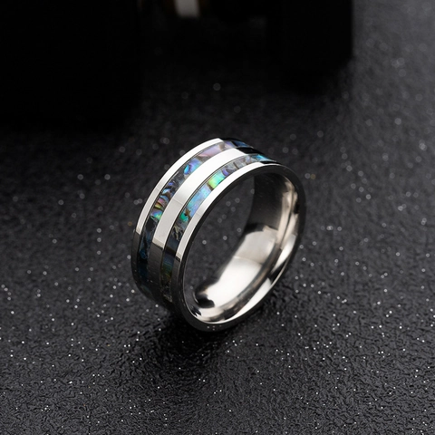 Bague Anneau Acier Inoxydable 304 Double Rangée Incrustation Coquille D'abalone Bijoux Mode Pour Hommes Femmes